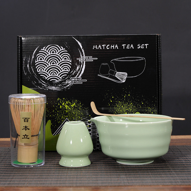 Bol à matcha vert, ensemble de 4 pièces (xian) + boîte couleur