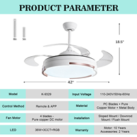 Ventilateur de plafond LED RGB rétractable d'intérieur de 42 pouces avec haut-parleur Bluetooth, télécommande, 6 vitesses, moteur DC réversible