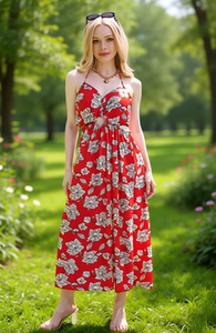 Abito lungo da donna Dolado con stampa floreale, scollo all'americana, senza maniche, vestibilità ampia, in chiffon, estivo, casual, con vita naturale e orlo dritto - Product Image 2