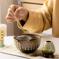 Service à thé Matcha en porcelaine de style japonais, série Kiln, avec brosse, bol et cuillère - Ensemble de huit pièces pour débutant, luxe léger, rétro, café et thé