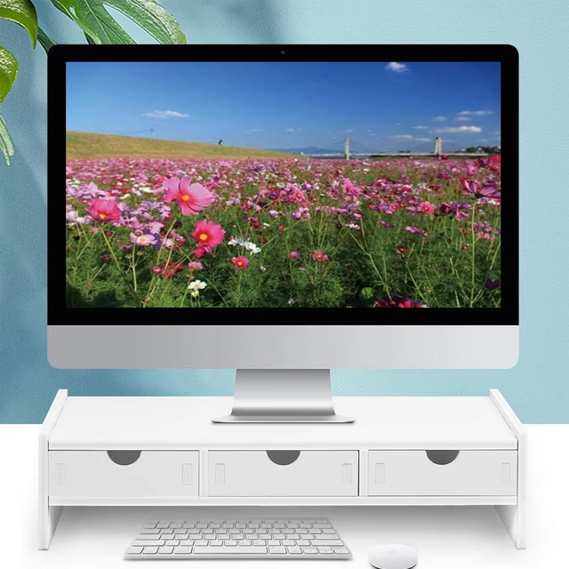 Custom White Wooden Desktop Storage Organizer 2 Tier Monitor Stand Riser With Drawer Computer Laptop PC Screen Support Desk Rack