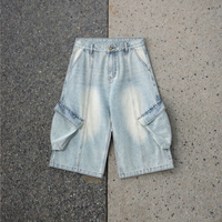 Short trois-quarts en denim uni rétro américain pour hommes Jeans de travail baggy décontractés à jambes larges unisexe lavage moyen pour l'été