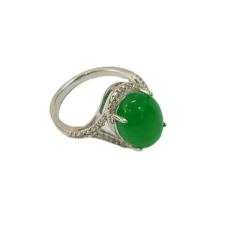 Keiyue Rhodium plating brass green jade stone jewelry ring rhodium plated jewellery with cz