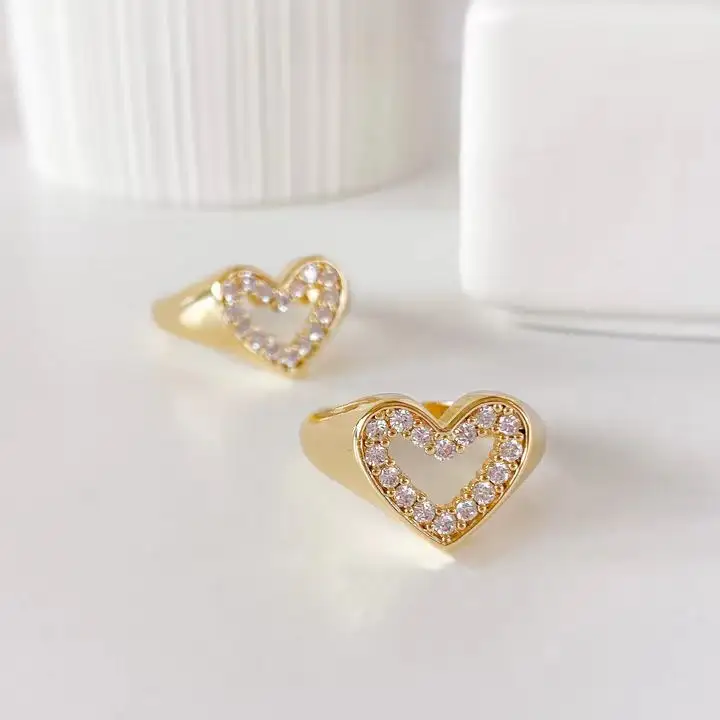 Amazon Wedding Ring Hot Sale 18k gold plated micro paved zircon adjustable ring heart shaped