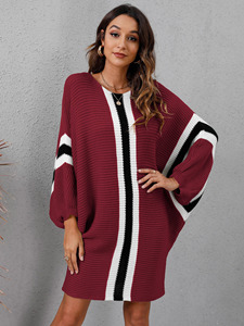 Robe <span class=keywords><strong>pull</strong></span> longue en tricot à manches chauve-souris pour femme, tenue d'hiver personnalisée avec blocs de couleurs - Product Image 3