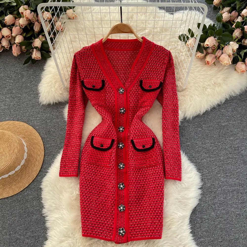 Spring Autumn Winter New V-neck Knitted Dress Red Slim Fit Pencil Dress Houndstooth Midi Length Sheath Dress