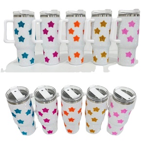 <b>40oz</b> Sparkle Star Bling Full Covered Rhinestone Diamond Mug Cups <b>Tumbler</b> <b>With</b> <b>Handle</b> Lid and Straw - Product Image 1