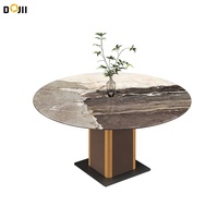 Îlot de cuisine haut de gamme turc, plateau en bois brut, base en aluminium et cuir, table ronde de salle à manger de 120 cm et chaises pour 4 personnes