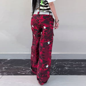 Pantalon cargo pour femme, imprimé camouflage rouge, taille mi-haute, coupe ample, jambe droite, style décontracté, pantalon de rue - Product Image 4