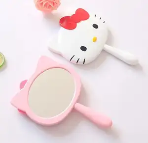 귀여운 헬로 키티 컴팩트 거울 여행 휴대용 휴대 거울 손잡이가있는 휴대용 개인 화장품 손 거울