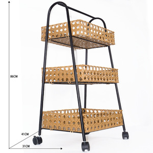Nordic style wrought iron rattan-look <b>kitchen</b> and bathroom <b>storage</b> rack, metal woven bedroom wheeled trolley - Product Image 1