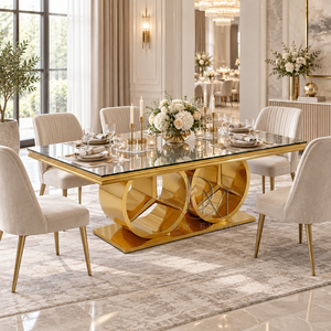 Table de salle à manger élégante en acier inoxydable avec plateau en verre miroir et base à double anneau pour événements et banquets - Product Image 3