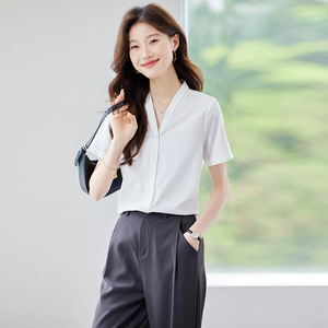 Purple V-neck Chiffon Blouse Women Short Sleeve Lightweight Office Shirt Solid Color Breathable Summer Top - Product Image 4