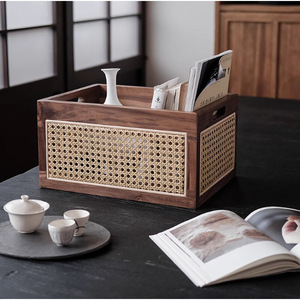 Wood Desktop <b>Storage</b> Box Rattan Basket Solid Wood Portable Rectangle <b>Storage</b> <b>Tray</b> - Product Image 4