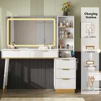 Bureau vanité avec 35 "grand miroir éclairé et dessus de table en verre chambre dressing vanité avec 5 tiroirs et étagères et station de charge
