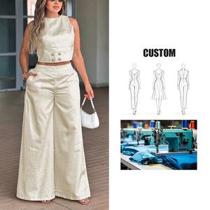 Nuovo Completo Estivo da Donna alla <span class=keywords><strong>Moda</strong></span>: Top Corto e Pantaloni a Vita Alta a Gamba Larga - Product Image 1