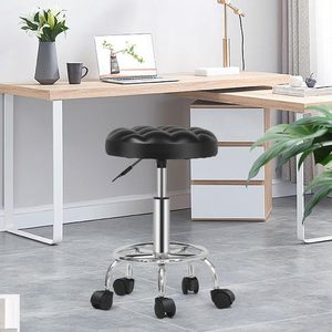 Chaise de coiffeuse ronde en cuir PU SKY-TOUCH, pivotante à 360°, réglable en hauteur, tabouret roulant 1000g pour le bureau ou la maison - Product Image 1
