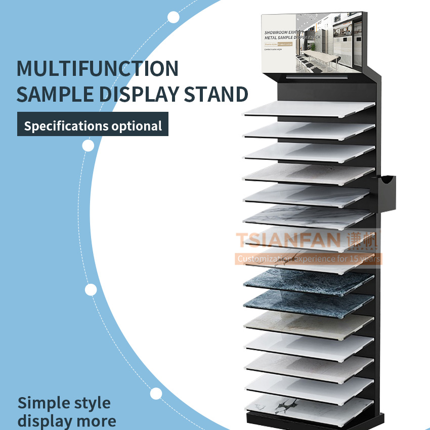 Factory Custom Logo Showroom Floor Quartz Display Stand Metal Sample Tower Shelf Marble Mosaic Tile Standing Stone Display Rack