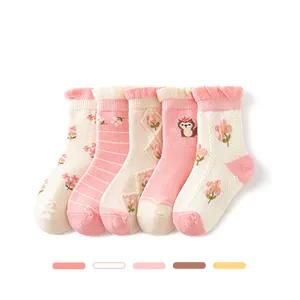 Kaus kaki anak perempuan, kaus kaki anak tinggi lutut katun cantik Bunga tupai merah muda