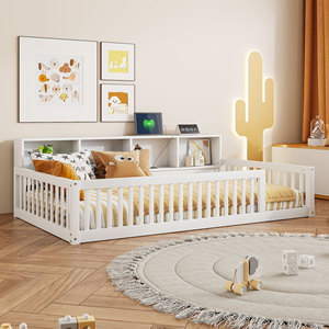 White Childrens Bed With <b>Storage</b> Shelf And Safety Rails For Bedroom <b>Kids</b> Furniture - Product Image 3