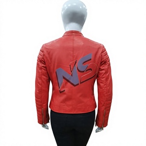 Red Cow Leather <b>Winter</b> Moto Jacket with <b>Quilted</b> Sleeves and Front Logo Print Stand Collar Zipper Closure Women's Biker Style - Product Image 2