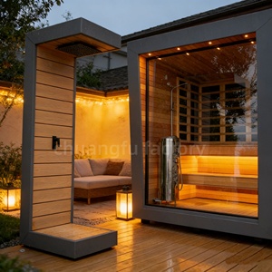 Sauna extérieur en <span class=keywords><strong>bois</strong></span> de cèdre rouge massif avec <span class=keywords><strong>douche</strong></span>, doté de rayons infrarouges modernes combinés à un chauffage électrique traditionnel - Product Image 4