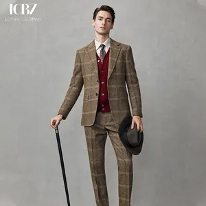 Brown Plaid Men's Suit High-end Gentleman Formal Suit Business Casual Slim Groom Wedding Dress Blazer Suit