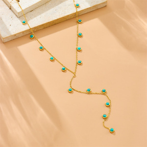 Y Shaped Tassel Necklace Round Turquoise Zinc Alloy Sweater Chain Bezel Setting Clavicle Chain - Product Image 2