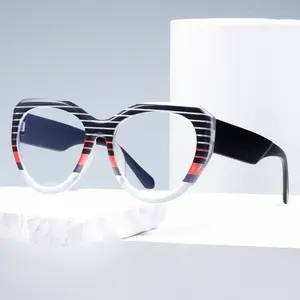 2024跨界新款彩色条纹猫眼平光光学眼镜时尚全配素妆眼镜架