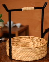 Panier de rangement artisanal en rotin écologique – Cabas tressé avec poignée en fer, style chinois, forme ronde pour décoration de ferme et pique-nique
