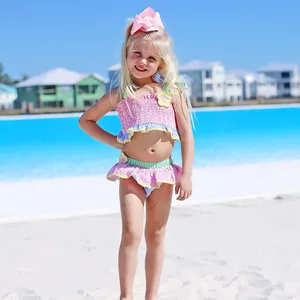 Оптовая продажа, купальный костюм из двух частей с принтом маргариток Seersucker, купальник для маленьких девочек