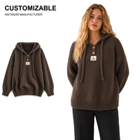 Pull-over en tricot épais marron à capuche avec boutons, personnalisé ODM, pour femme, vêtements de créateur, collection hiver