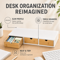 Support d'écran en bambou, organiseur de bureau, 3 tiroirs, cadre en MDF, boîte de rangement sous l'ordinateur pour fournitures de bureau et petits objets