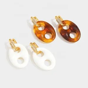 New Multi Wear Vintage Airy Gold Plated U Shaped Diamond Set Hoop Amber Pig Nose Resin Earrings
