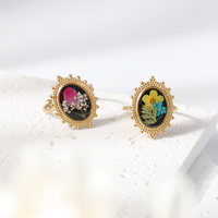 Bague en résine avec fleurs séchées véritables, faite à la main, ovale, dorée, réglable, bijoux floraux pressés naturels, cadeau pour femmes