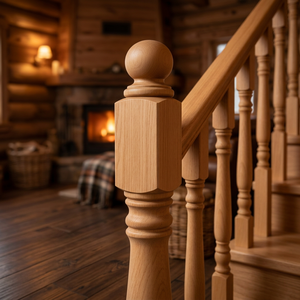 Poteau de balustrade d'escalier classique en bois massif avec embout sphérique pour garde-corps domestique - Product Image 1