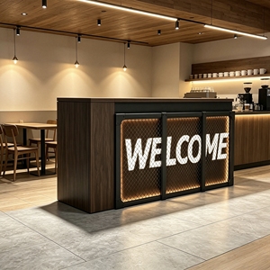 <span class=keywords><strong>Comptoir</strong></span> de réception de style <span class=keywords><strong>industriel</strong></span> en <span class=keywords><strong>bois</strong></span> et métal avec panneau en maille à logo lumineux personnalisé pour boutique et café - Product Image 3