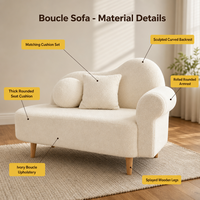 Canapé deux places Boucle, petit canapé blanc crème avec pieds en bois pour le salon