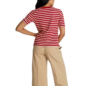 Women's Red White Striped <b>Knitted</b> Casual <b>Short</b> <b>Sleeve</b> T-Shirt Regular Length Solid Color Pattern <b>Top</b> - Product Image 2
