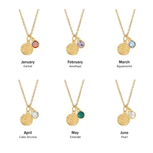 Custom jewelry silver 925 gemstone necklace textured gold coin birthstone necklace