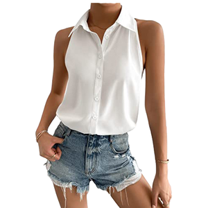 Chemisier sans manches pour femme, col boutonné, couleur unie, haut décontracté, printemps-été, coupe classique, tissu popeline, blanc - Product Image 1