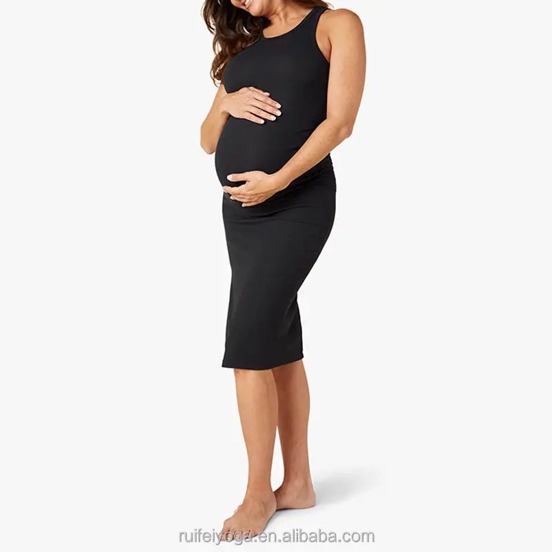 Vestiti di maternità all'ingrosso traspiranti personalizzati scollo alto arrotondato vita arricciata senza maniche donne maternità Midi canotta vestito