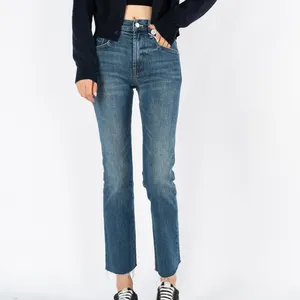 Jeans Pinggang Tinggi Elastis Ramping, Ramping Saku Bordir Suar Kasar Dipotong Mode Jins Serbaguna