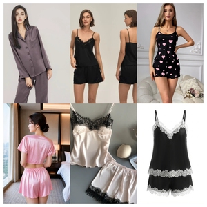 Conjunto de Pijama de Satén Clásico de Manga Corta para Mujer, Pijama de Dos Piezas con Botones, Ropa de Dormir de Lujo - Product Image 1