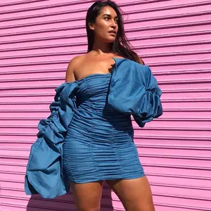 Lady party dresses Newest 2020 off shoulder women one piece flare sleeve one piece pleated dress