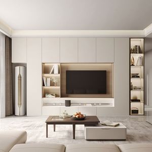 Ensemble de meuble TV mural moderne Santopova avec étagères en verre à LED et rangement intégré pour le salon - Product Image 2