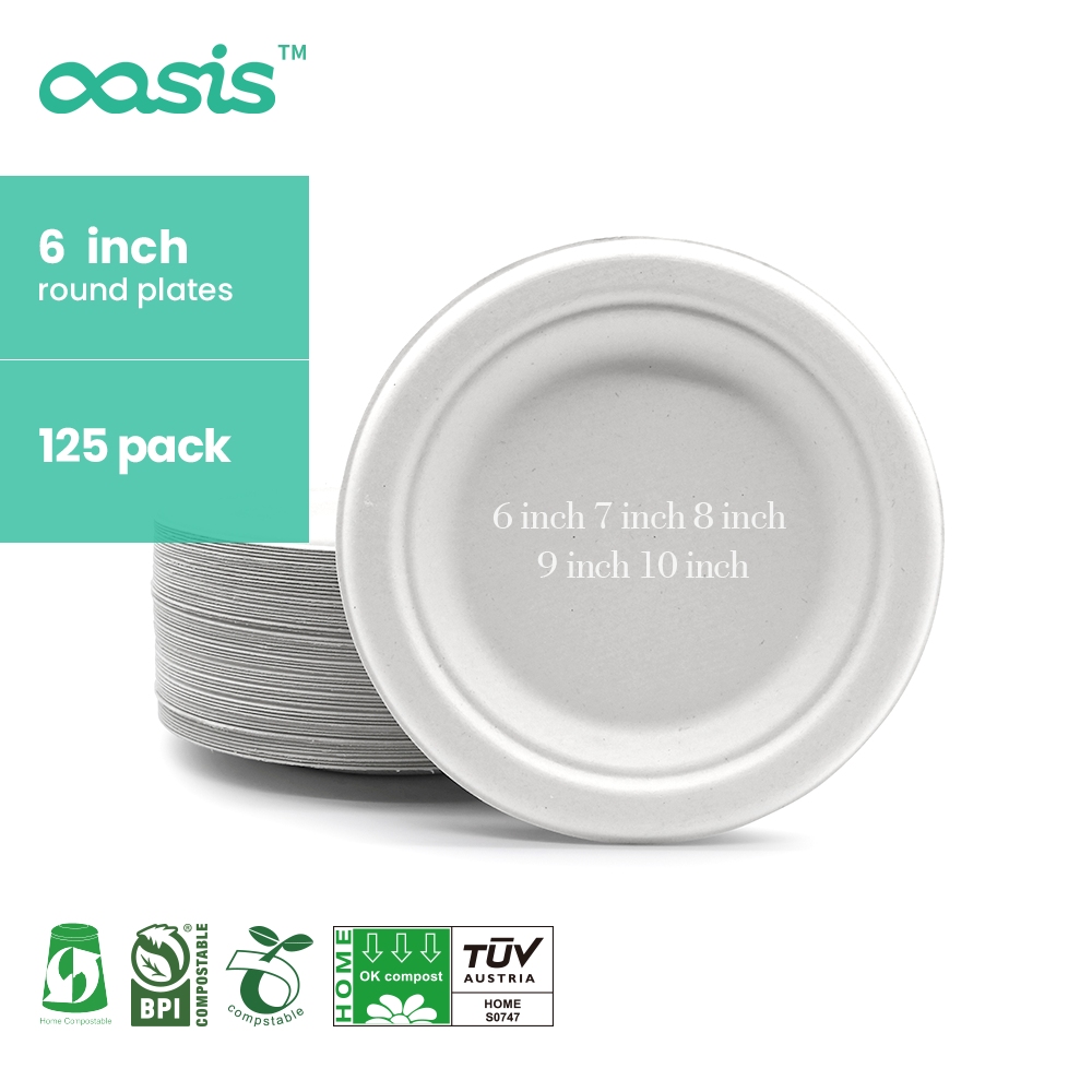 Oasis High Quality Disposable 6 Inch White Bagasse Paper Dinner Plates Bowls Bio Compostable Waterproof Sushi Sandwich