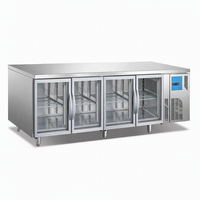 Réfrigérateur-congélateur sous comptoir professionnel en acier inoxydable à 4 portes vitrées, à température unique, longue durée de vie, avec refroidisseur d'air