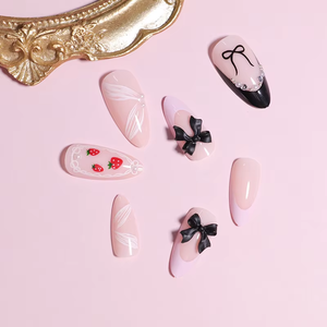 <span class=keywords><strong>Manucure</strong></span> française couverture complète en plastique 24 pièces mignon arc fraise point diamant <span class=keywords><strong>dentelle</strong></span> élément portable longue durée ongles de doigt - Product Image 2