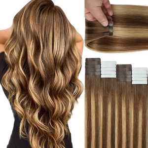 Human Hair Extensions Tape in P4/27 Ombre Honey Blond Highlighted <strong>Brown</strong> <strong>Chocolate</strong> <strong>Brown</strong> to Caramel Blonde Seamless Invisible - Product Image 1